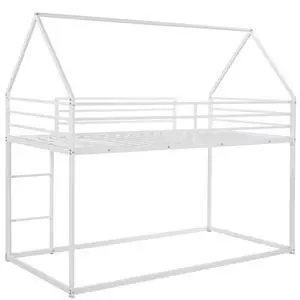 Twin Over Twin House Bunk Bed With Built-In Ladder,White Twin Over Twin House Bunk Bed With Built-In Ladder,White