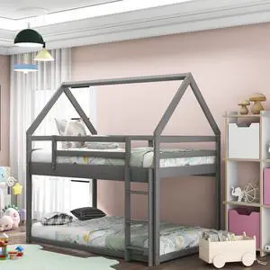 Twin Over Twin Low Bunk Bed, House Bed With Ladder , Gray(Old Sku:Wf197808Aae) Twin Over Twin Low Bunk Bed, House Bed With Ladder , Gray(Old Sku:Wf197808Aae)