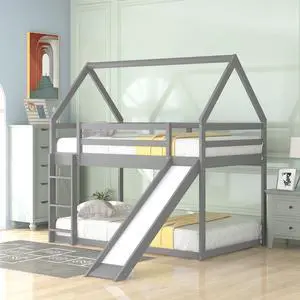 Twin Size Bunk House Bed With Slide And Ladder,Gray Twin Size Bunk House Bed With Slide And Ladder,Gray