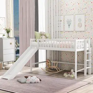Twin Size Low Loft Bed With Ladder And Slide,White(Old Sku:Wf196418Aak) Twin Size Low Loft Bed With Ladder And Slide,White(Old Sku:Wf196418Aak)