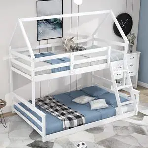 Twin Over Full House Bunk Bed With Built-In Ladder,White Twin Over Full House Bunk Bed With Built-In Ladder,White