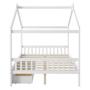 Full Size House Platform Bed With Two Drawers,Headboard And Footboard,Roof Design,White Full Size House Platform Bed With Two Drawers,Headboard And Footboard,Roof Design,White