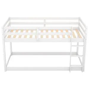 Twin Over Twin Floor Bunk Bed With Ladder , White(Old Sku:Wf281727Aak/Wf286602Aak) Twin Over Twin Floor Bunk Bed With Ladder , White(Old Sku:Wf281727Aak/Wf286602Aak)