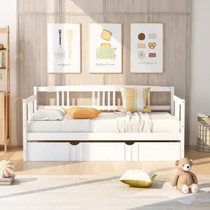 Twin Size Daybed Wood Bed With Twin Size Trundle,White Twin Size Daybed Wood Bed With Twin Size Trundle,White