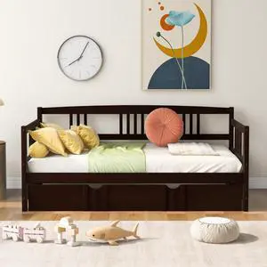 Twin Size Daybed Wood Bed With Twin Size Trundle,Espresso Twin Size Daybed Wood Bed With Twin Size Trundle,Espresso