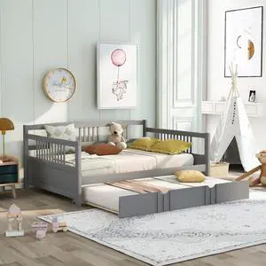 Full Size Daybed Wood Bed With Twin Size Trundle,Gray Full Size Daybed Wood Bed With Twin Size Trundle,Gray