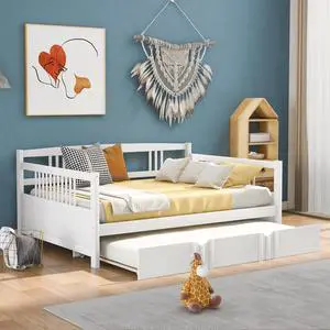 Full Size Daybed Wood Bed With Twin Size Trundle,White Full Size Daybed Wood Bed With Twin Size Trundle,White
