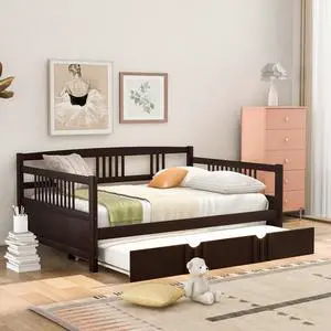 Full Size Daybed Wood Bed With Twin Size Trundle,Espresso Full Size Daybed Wood Bed With Twin Size Trundle,Espresso