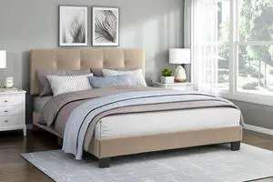 1Pc Queen Platform Bed Light Brown Velvet Upholstered Adjustable Height Headboard Button Tufted Solid Wood Bedroom Furniture 1Pc Queen Platform Bed Light Brown Velvet Upholstered Adjustable Height Headboard Button Tufted Solid Wood Bedroom Furniture