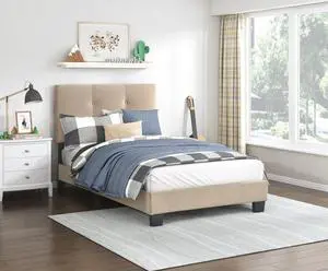1Pc Twin Platform Bed Light Brown Velvet Upholstered Adjustable Height Headboard Button Tufted Solid Wood Bedroom Furniture 1Pc Twin Platform Bed Light Brown Velvet Upholstered Adjustable Height Headboard Button Tufted Solid Wood Bedroom Furniture