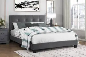 1Pc Queen Platform Bed Dark Gray Velvet Upholstered Adjustable Height Headboard Button Tufted Solid Wood Bedroom Furniture 1Pc Queen Platform Bed Dark Gray Velvet Upholstered Adjustable Height Headboard Button Tufted Solid Wood Bedroom Furniture