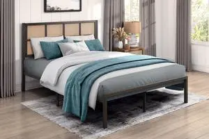 1Pc Queen Platform Bed, Metal Frame Dark Bronze Finish Faux Cane Panel Headboard Casual Coastal Bedroom Furniture, Bed In A Box 1Pc Queen Platform Bed, Metal Frame Dark Bronze Finish Faux Cane Panel Headboard Casual Coastal Bedroom Furniture, Bed In A Box