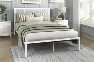 1Pc Queen Platform Bed, Metal Frame White Finish Faux Cane Panel Headboard Casual Coastal Bedroom Furniture, Bed In A Box 1Pc Queen Platform Bed, Metal Frame White Finish Faux Cane Panel Headboard Casual Coastal Bedroom Furniture, Bed In A Box