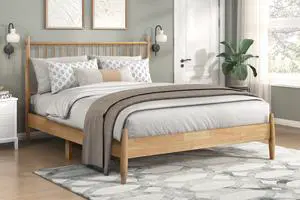 Mid-Century Modern Design Full Platform Bed 1Pc Natural Finish Wooden Bedroom Furniture Vertical Slats Headboard, Bed In A Box Mid-Century Modern Design Full Platform Bed 1Pc Natural Finish Wooden Bedroom Furniture Vertical Slats Headboard, Bed In A Box
