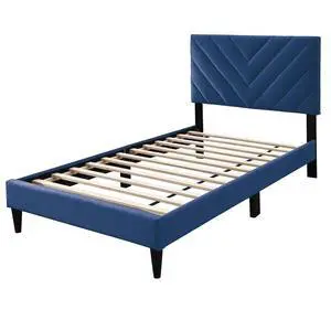 Contemporary Style Twin Size Bed Adjustable Headboard Middle Support Legs Navy Blue Finish Bedroom Furniture Contemporary Style Twin Size Bed Adjustable Headboard Middle Support Legs Navy Blue Finish Bedroom Furniture