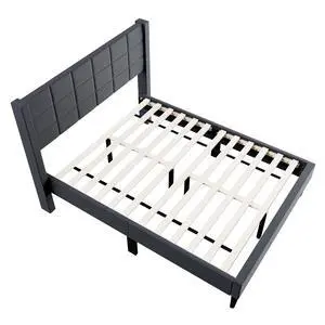 Elegant Modern 1Pc Full Size Bed Upholstered Box Design Headboard Bedframe Charcoal Brushed Linen Elegant Modern 1Pc Full Size Bed Upholstered Box Design Headboard Bedframe Charcoal Brushed Linen