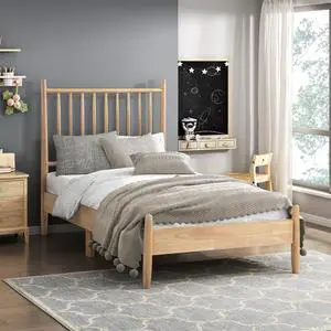 Mid-Century Modern Design Twin Platform Bed 1Pc Natural Finish Wooden Bedroom Furniture Vertical Slats Headboard, Bed In A Box Mid-Century Modern Design Twin Platform Bed 1Pc Natural Finish Wooden Bedroom Furniture Vertical Slats Headboard, Bed In A Box