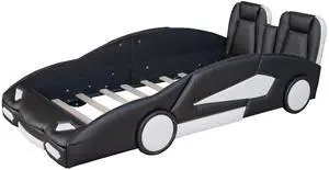 Twin Size Race Car-Shaped Platform Bed With Wheels, Black Twin Size Race Car-Shaped Platform Bed With Wheels, Black