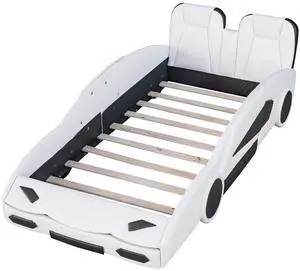 Twin Size Race Car-Shaped Platform Bed With Wheels, White Twin Size Race Car-Shaped Platform Bed With Wheels, White