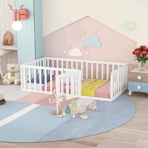 Twin Size Wood Floor Bed Frame With Fence And Door, White(Old Sku :Wf289661Aak) Twin Size Wood Floor Bed Frame With Fence And Door, White(Old Sku :Wf289661Aak)