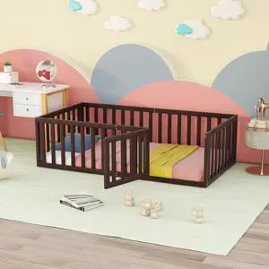 Twin Size Wood Floor Bed Frame With Fence And Door, Walnut(Old Sku :Wf289661Aal) Twin Size Wood Floor Bed Frame With Fence And Door, Walnut(Old Sku :Wf289661Aal)