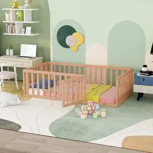 Twin Size Wood Floor Bed Frame With Fence And Door, Natural(Old Sku :Wf289661Aam) Twin Size Wood Floor Bed Frame With Fence And Door, Natural(Old Sku :Wf289661Aam)