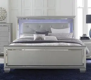 Silver Finish Upholstered Button-Tufted 1Pc Queen Size Bed Led Headboard Faux Alligator Embossed Textural Panels Wooden Bed Silver Finish Upholstered Button-Tufted 1Pc Queen Size Bed Led Headboard Faux Alligator Embossed Textural Panels Wooden Bed