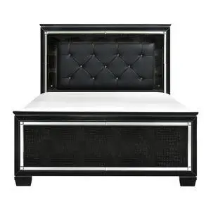 Black Finish Upholstered Button-Tufted 1Pc Queen Size Bed Led Headboard Faux Alligator Embossed Textural Panels Wooden Bed Black Finish Upholstered Button-Tufted 1Pc Queen Size Bed Led Headboard Faux Alligator Embossed Textural Panels Wooden Bed