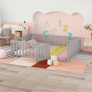 Queen Size Wood Floor Bed Frame With Fence And Door, Gray(Old Sku:Wf289663Aae) Queen Size Wood Floor Bed Frame With Fence And Door, Gray(Old Sku:Wf289663Aae)