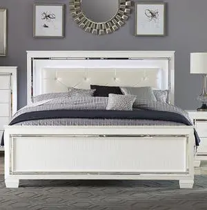 Glamorous Design Bedroom Furniture 1Pc Queen Bed Button-Tufted Led Headboard White Finish Faux Alligator Embossed Textured Panels Bed Glamorous Design Bedroom Furniture 1Pc Queen Bed Button-Tufted Led Headboard White Finish Faux Alligator Embossed Textured Panels Bed
