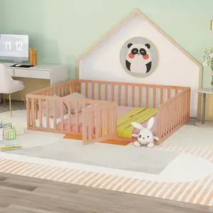 Queen Size Wood Floor Bed Frame With Fence And Door, Natural(Old Sku:Wf289663Aam) Queen Size Wood Floor Bed Frame With Fence And Door, Natural(Old Sku:Wf289663Aam)