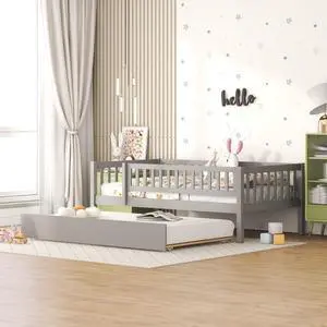 Twin Size Wood Daybed With Trundle And Fence Guardrails, Gray Twin Size Wood Daybed With Trundle And Fence Guardrails, Gray