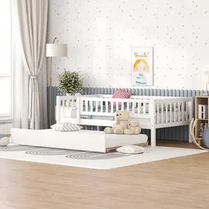 Twin Size Wood Daybed With Trundle And Fence Guardrails, White Twin Size Wood Daybed With Trundle And Fence Guardrails, White