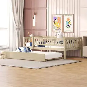 Twin Size Wood Daybed With Trundle And Fence Guardrails, Natural Twin Size Wood Daybed With Trundle And Fence Guardrails, Natural