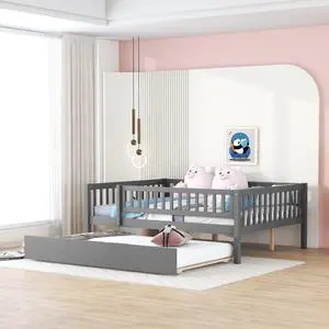 Full Size Wood Daybed With Trundle And Fence Guardrails, Gray Full Size Wood Daybed With Trundle And Fence Guardrails, Gray