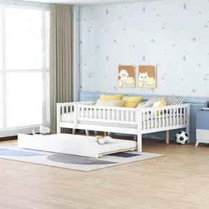 Full Size Wood Daybed With Trundle And Fence Guardrails, White Full Size Wood Daybed With Trundle And Fence Guardrails, White