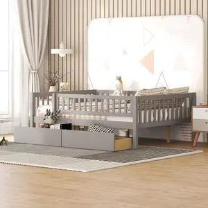 Full Size Daybed Wood Bed With Two Drawers, Gray Full Size Daybed Wood Bed With Two Drawers, Gray