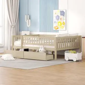 Full Size Daybed Wood Bed With Two Drawers, Natural Full Size Daybed Wood Bed With Two Drawers, Natural