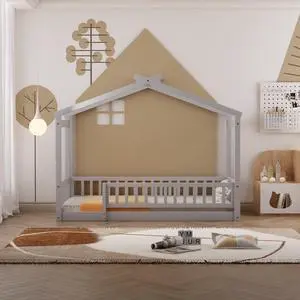 Twin Size Wood Bed House Bed Frame With Fence, For Kids, Teens, Girls, Boys, Gray Twin Size Wood Bed House Bed Frame With Fence, For Kids, Teens, Girls, Boys, Gray