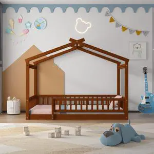 Twin Size Wood Bed House Bed Frame With Fence, For Kids, Teens, Girls, Boys, Walnut Twin Size Wood Bed House Bed Frame With Fence, For Kids, Teens, Girls, Boys, Walnut