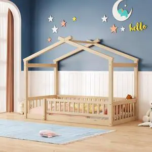 Twin Size Wood Bed House Bed Frame With Fence, For Kids, Teens, Girls, Boys,Natural Twin Size Wood Bed House Bed Frame With Fence, For Kids, Teens, Girls, Boys,Natural