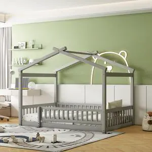Full Size Wood Bed House Bed Frame With Fence, For Kids, Teens, Girls, Boys,Gray Full Size Wood Bed House Bed Frame With Fence, For Kids, Teens, Girls, Boys,Gray