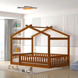 Full Size Wood Bed House Bed Frame With Fence, For Kids, Teens, Girls, Boys,Walnut Full Size Wood Bed House Bed Frame With Fence, For Kids, Teens, Girls, Boys,Walnut