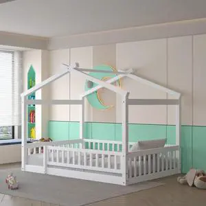Full Size Wood Bed House Bed Frame With Fence, For Kids, Teens, Girls, Boys,White Full Size Wood Bed House Bed Frame With Fence, For Kids, Teens, Girls, Boys,White