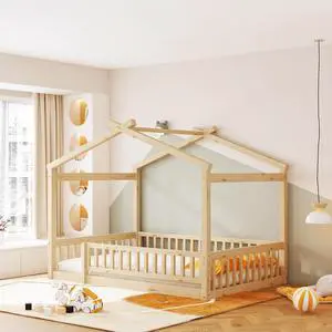 Full Size Wood Bed House Bed Frame With Fence, For Kids, Teens, Girls, Boys,Natural Full Size Wood Bed House Bed Frame With Fence, For Kids, Teens, Girls, Boys,Natural