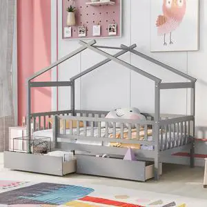 Twin Size Wooden House Bed With Two Drawers, Gray Twin Size Wooden House Bed With Two Drawers, Gray