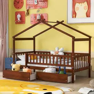 Twin Size Wooden House Bed With Two Drawers, Walnut Twin Size Wooden House Bed With Two Drawers, Walnut