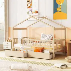 Twin Size Wooden House Bed With Two Drawers, Natural Twin Size Wooden House Bed With Two Drawers, Natural