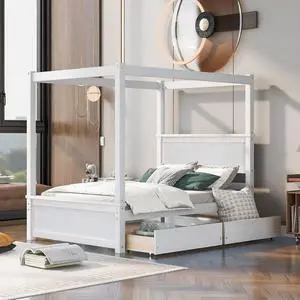 Wood Canopy Bed With Two Drawers, Full Size Canopy Platform Bed With Support Slats .No Box Spring Needed, Brushed White Wood Canopy Bed With Two Drawers, Full Size Canopy Platform Bed With Support Slats .No Box Spring Needed, Brushed White