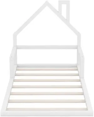 Twin Size Wood Floor Bed With House-Shaped Headboard, White Twin Size Wood Floor Bed With House-Shaped Headboard, White